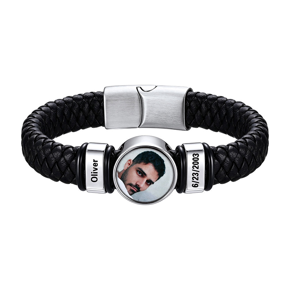 Personalized  Name Round Photo Braided Leather Bracelet for Men on a white background