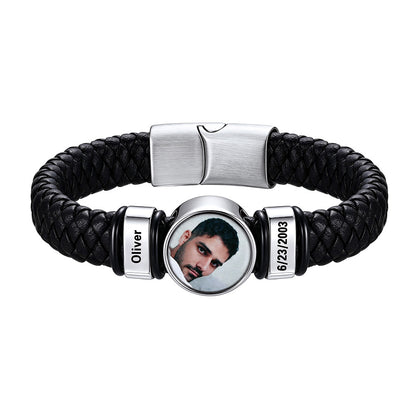 Personalized  Name Round Photo Braided Leather Bracelet for Men on a white background