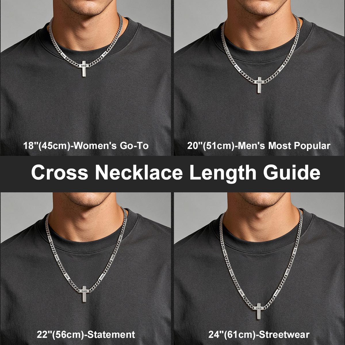 Cross cuban chain name necklace length guide with four different necklace lengths on a gray background