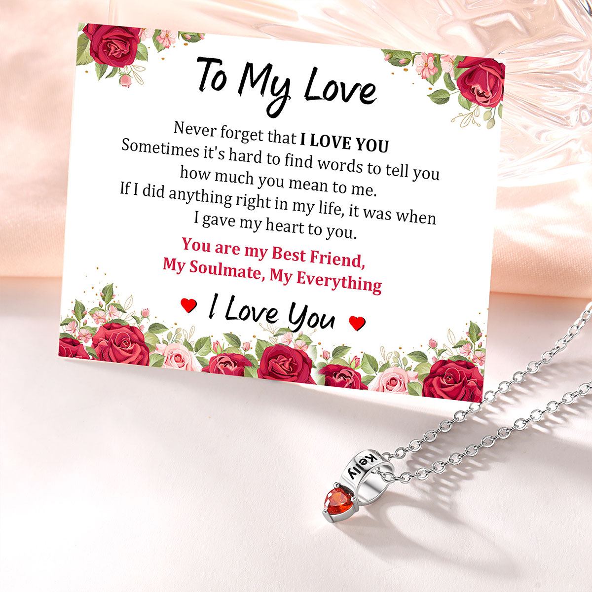 Personalized Names Heart Birthstone Necklace with greeting card