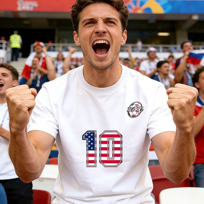 Man in a Personalized National Flag Jersey Number Soccer T-Shirt, cheering in a stadium.