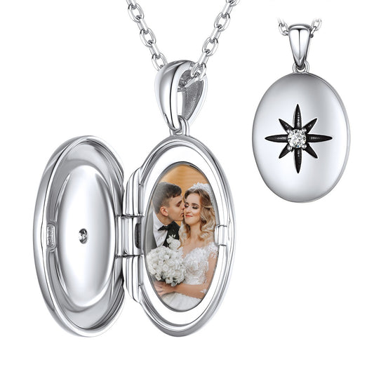 Personalized North Star Picture Locket Necklace Silver