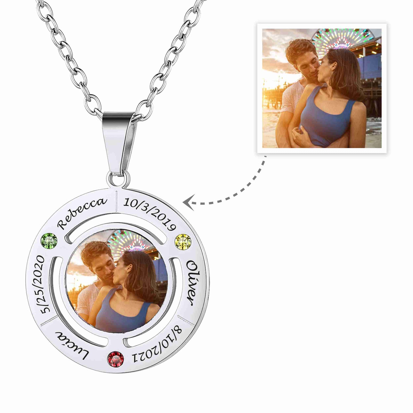 Personalized Photo Birthstone Necklace with Name Engraved