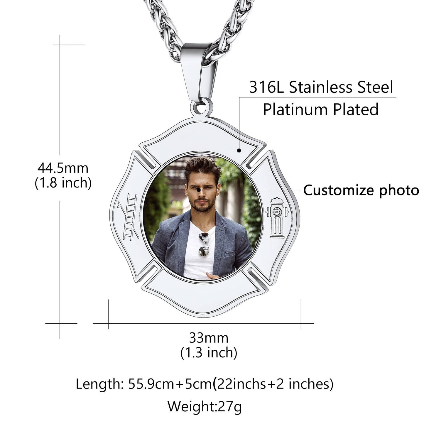 Personalized Photo Firefighter Necklace Size