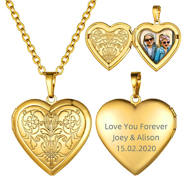 Personalized Photo Heart Flower Locket Necklace Gold