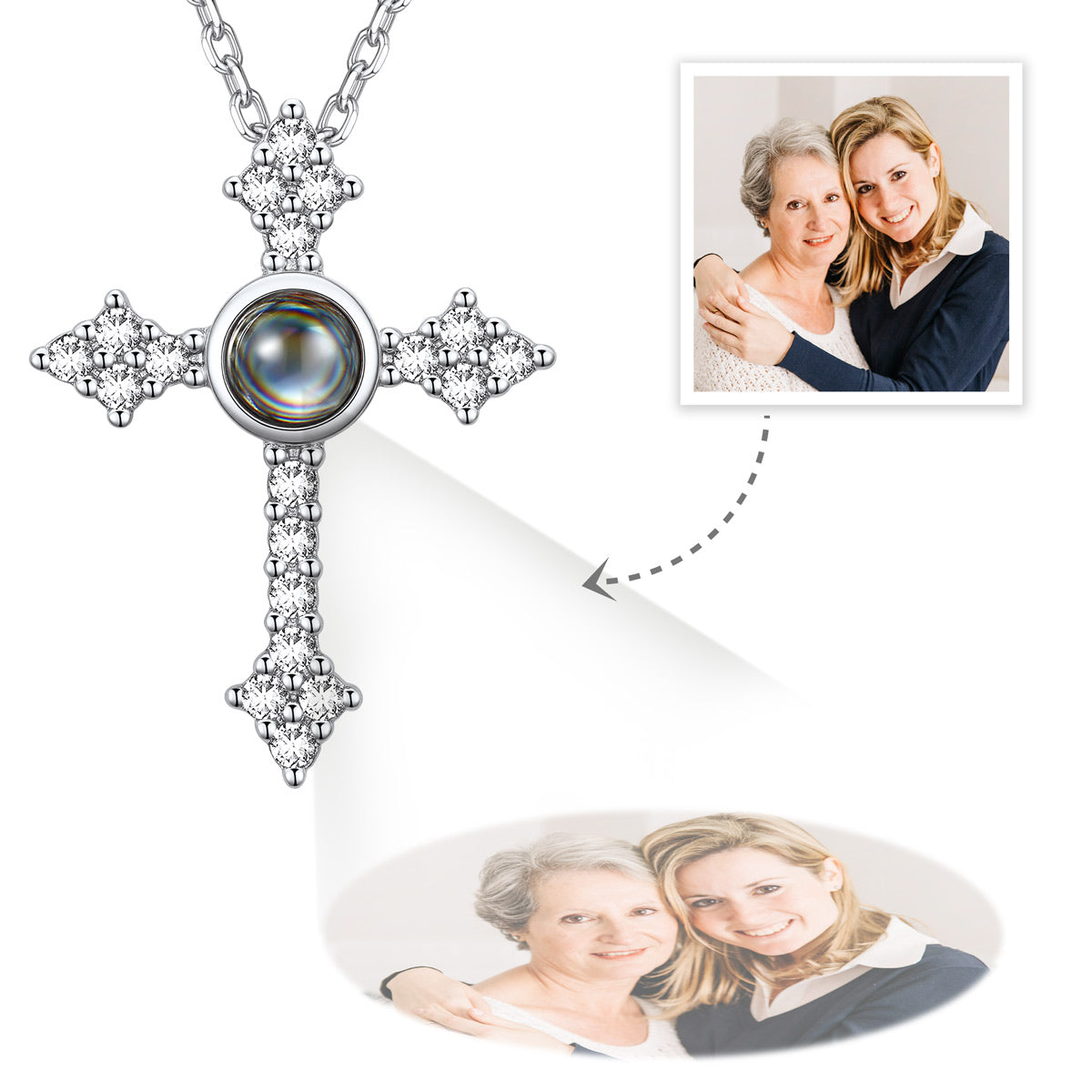 Silver cross necklace with a heart-shaped photo card featuring two women hugging.