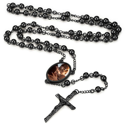Personalized Photo Rosary Beads Necklace Black Plated