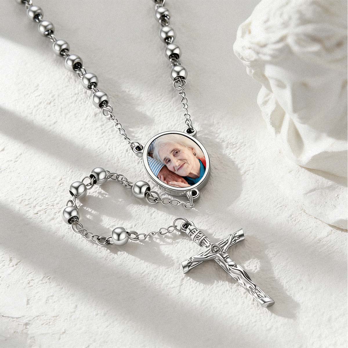 Personalized Photo Rosary Beads Necklace Stainless Steel