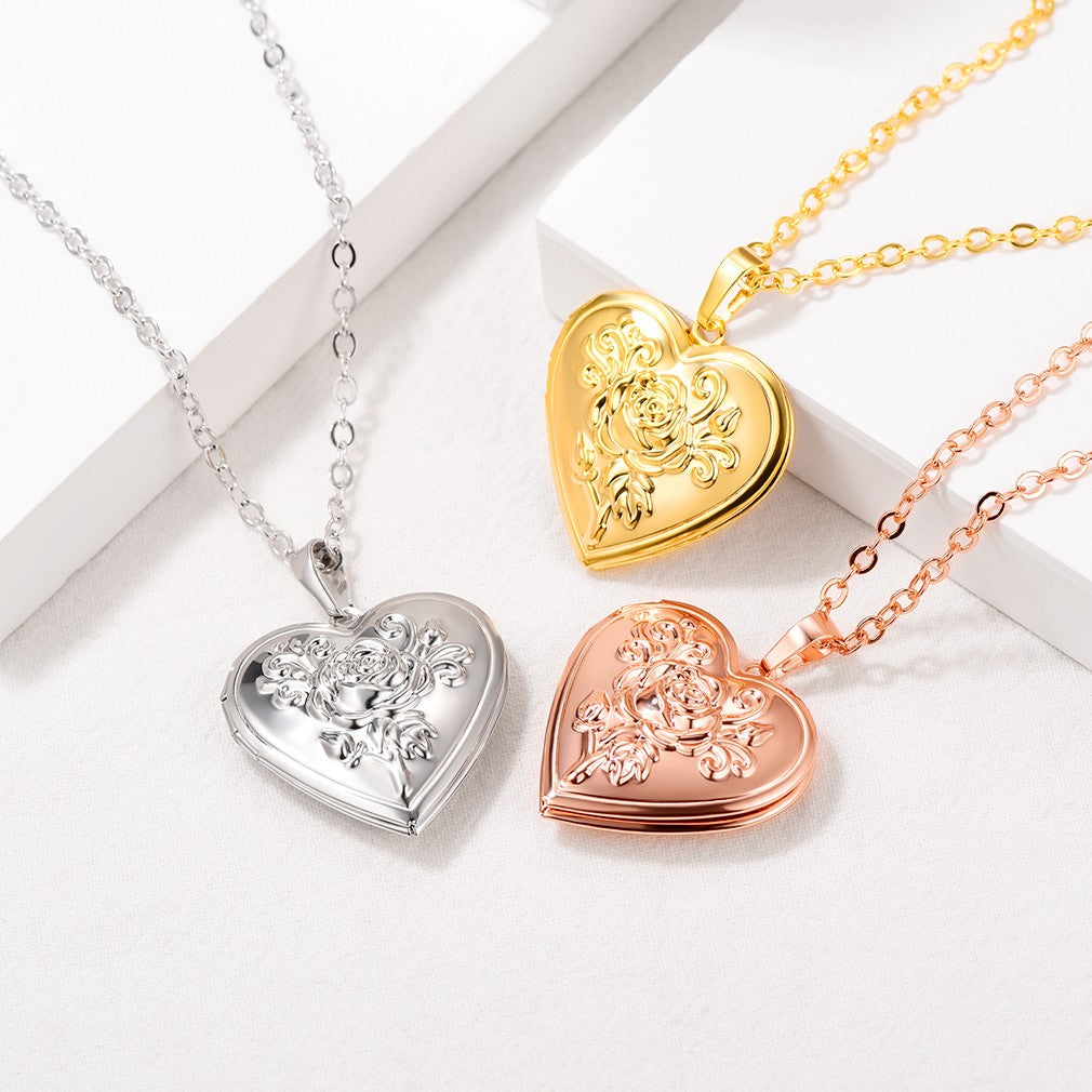 Personalized Photo Rose Heart Locket Necklace in 3 Colors