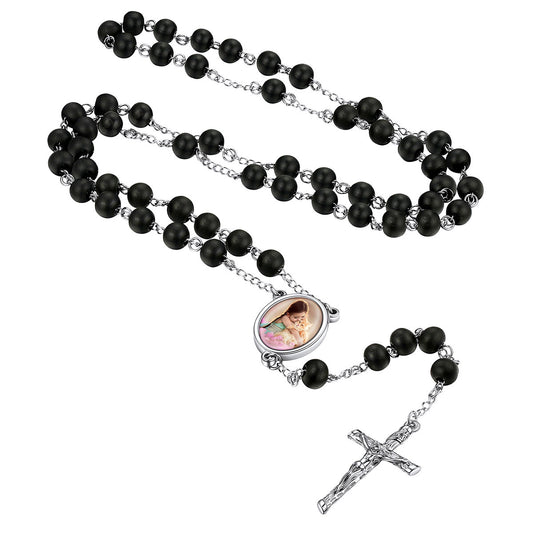 Personalized Photo Virgin Mary Black Wood Rosary Beads Necklace