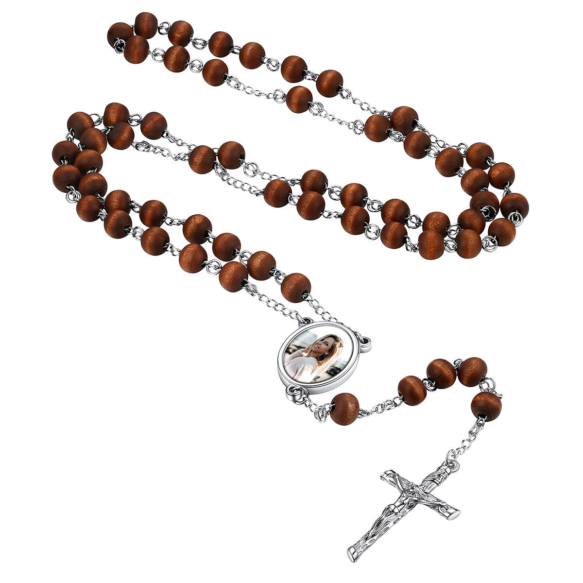 Personalized Photo Virgin Mary Brown Wood Rosary Beads Necklace with Cross