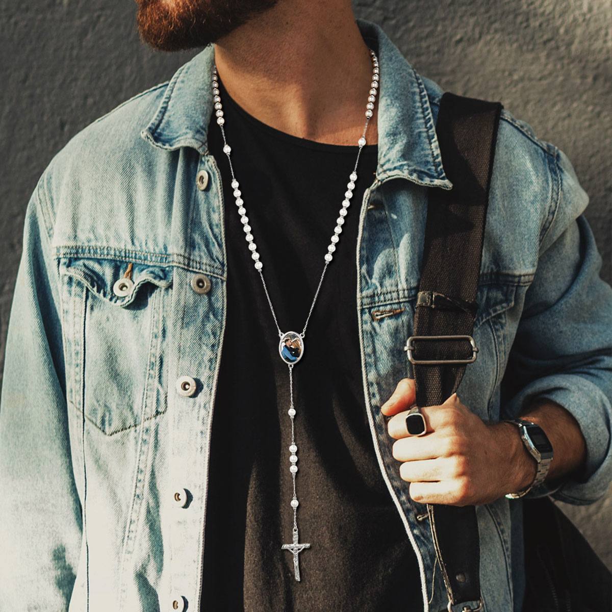 Personalized Photo Virgin Mary Pearl Rosary Beads Necklace