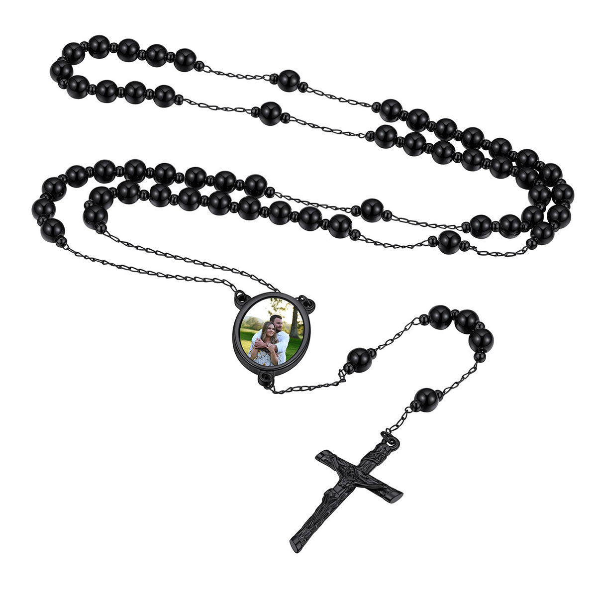 Personalized Photo Virgin Mary Pearl Rosary Beads Necklace Black Plated