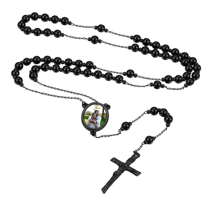 Personalized Photo Virgin Mary Pearl Rosary Beads Necklace Black Plated