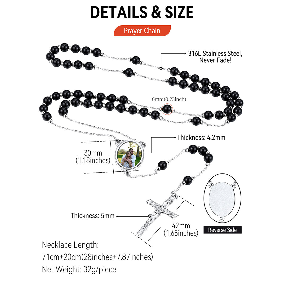 Personalized Photo Virgin Mary Pearl Rosary Beads Necklace Dimension, Durable