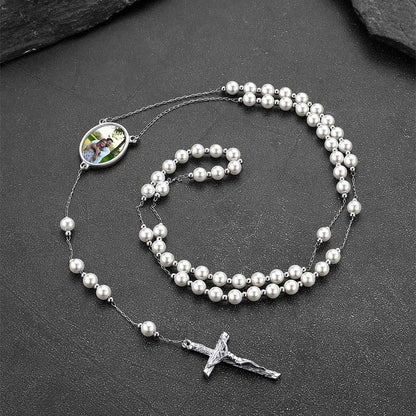 Personalized Photo Virgin Mary Pearl Rosary Beads Necklace Steel