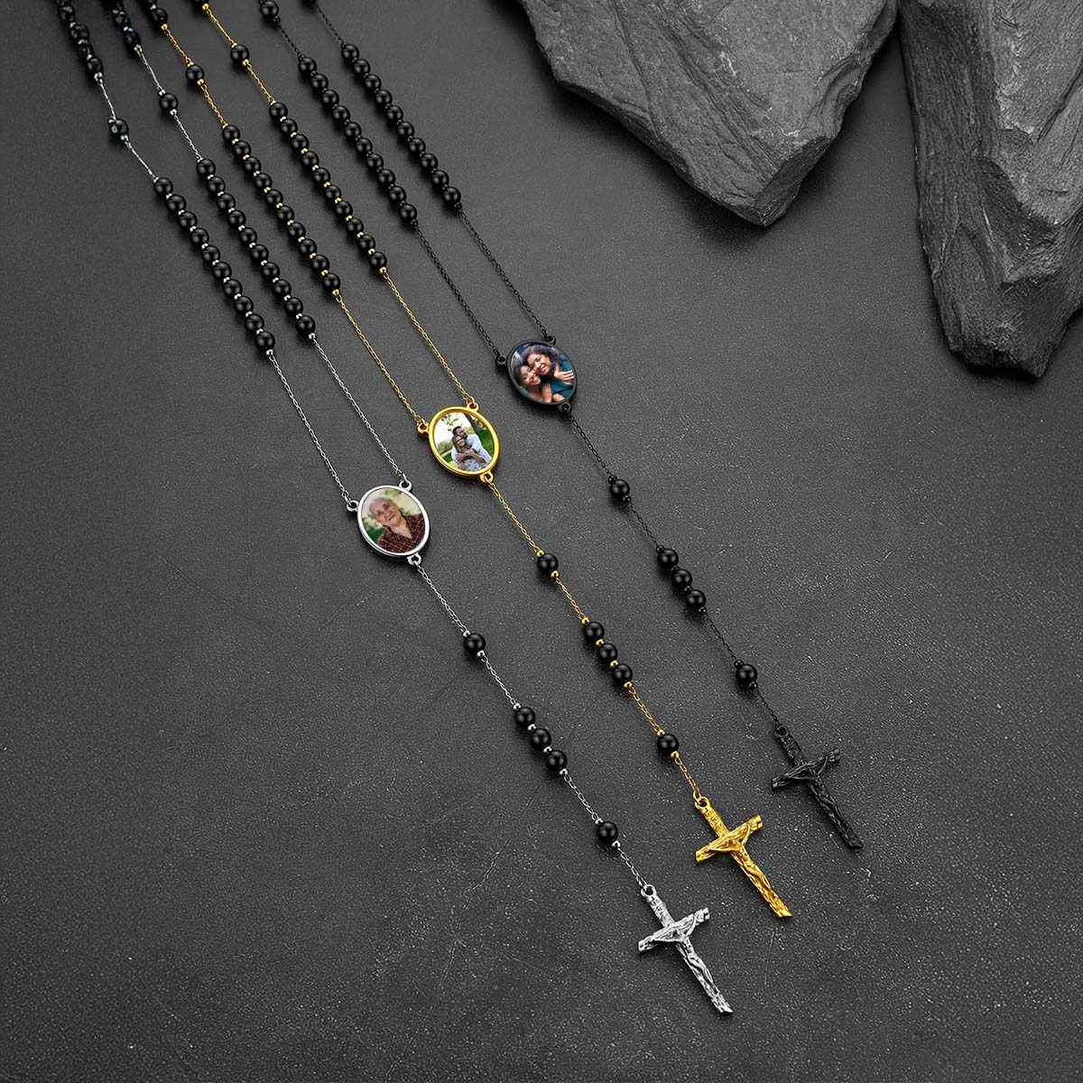 Personalized Photo Virgin Mary Pearl Rosary Beads Necklace in different color