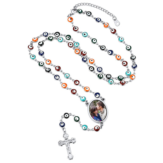 Personalized Picture Evil Eye Rosary Beads Necklace with Cross