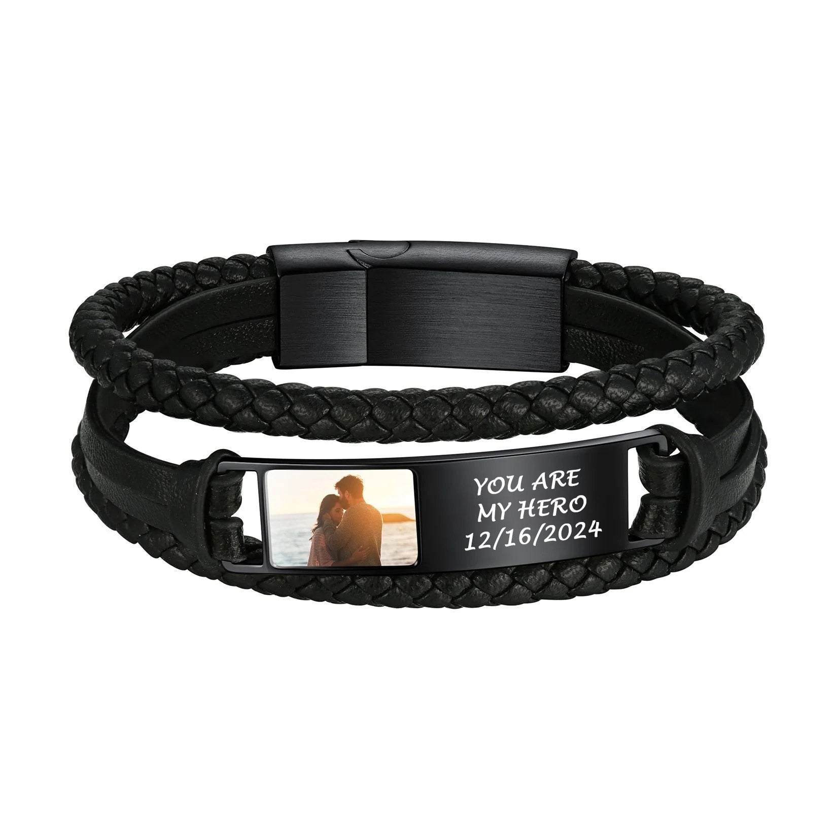 Personalized Picture ID Braided Leather Bracelet Black