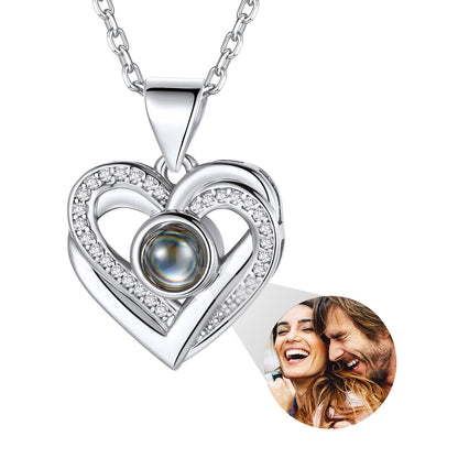 Personalized Picture Projection Heart Necklace White Gold Plated