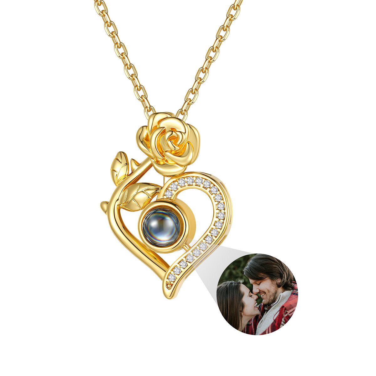 Personalized Rose Heart Photo Projection Necklace in Gold Plated
