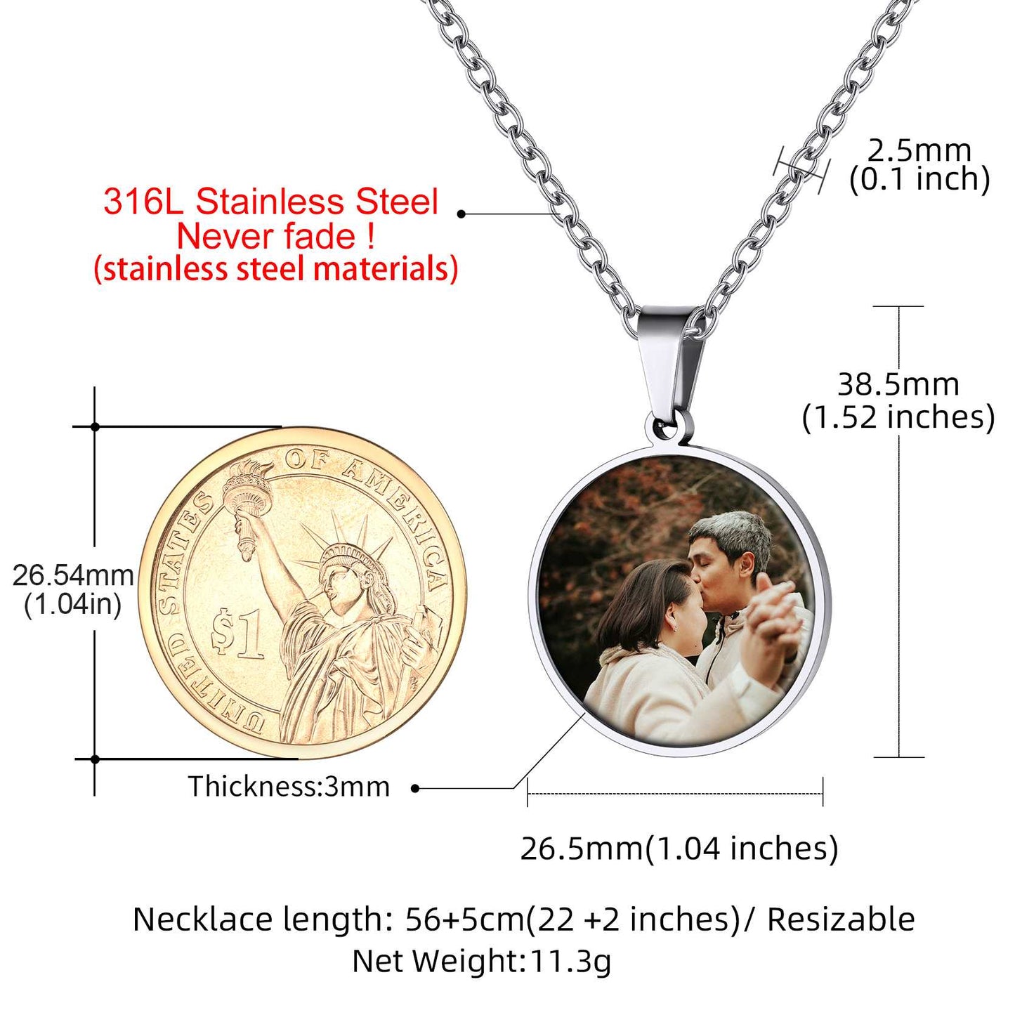 Personalized Round Double Sided Picture Necklace Dimension, Durable