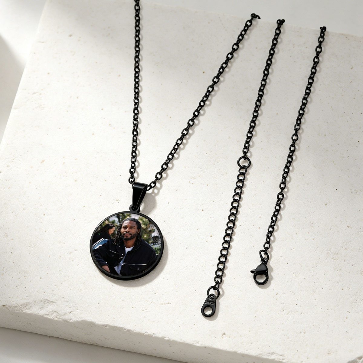 Personalized Round Double Sided Picture Necklace in Black