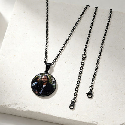 Personalized Round Double Sided Picture Necklace in Black