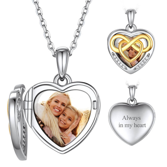 Personalized Silver Infinity Love Knot Heart Photo Locket Necklace