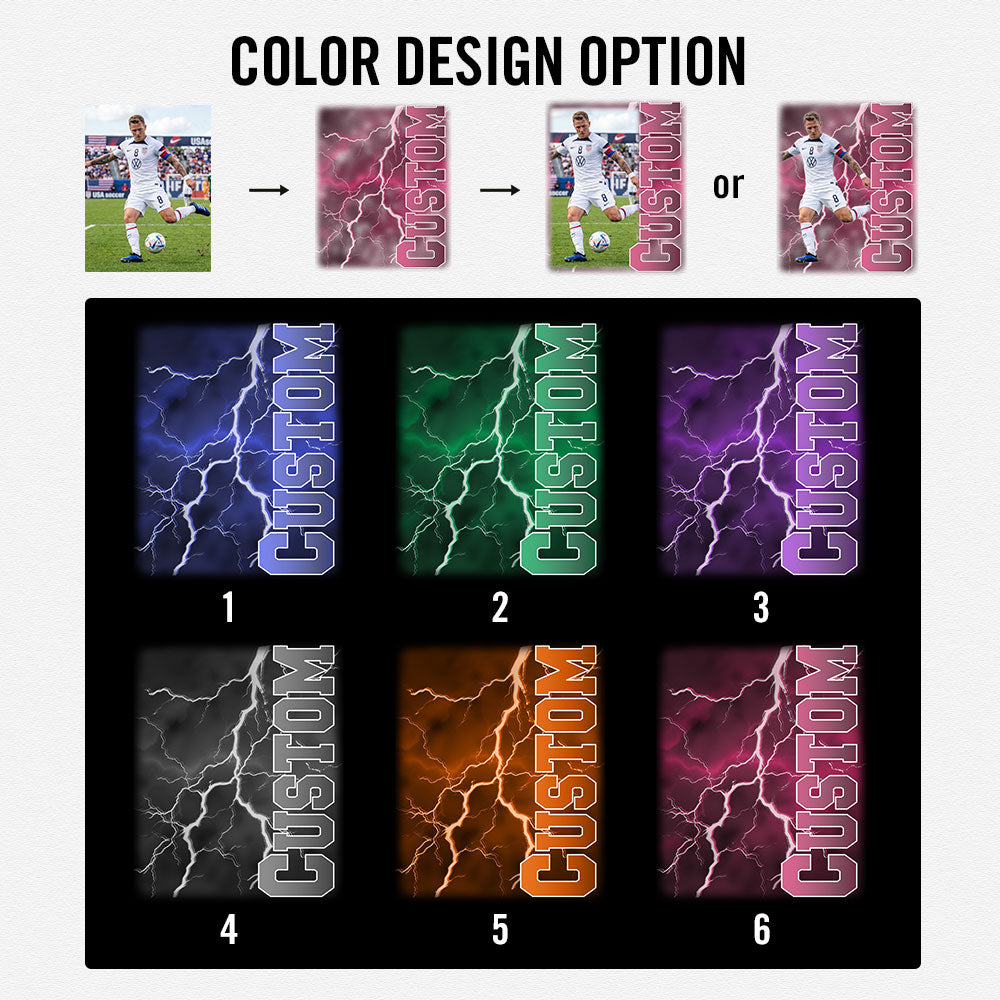Color design options for a 'Custom' text overlay with lightning effects on a black background.