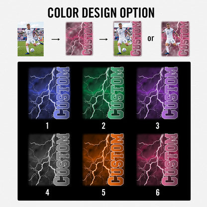Color design options for a 'Custom' text overlay with lightning effects on a black background.
