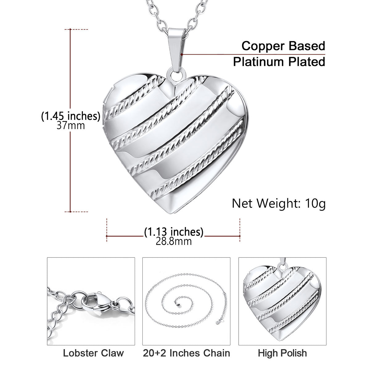 Personalized Stripe Hearts Locket Necklace with Picture Dimension, Durable