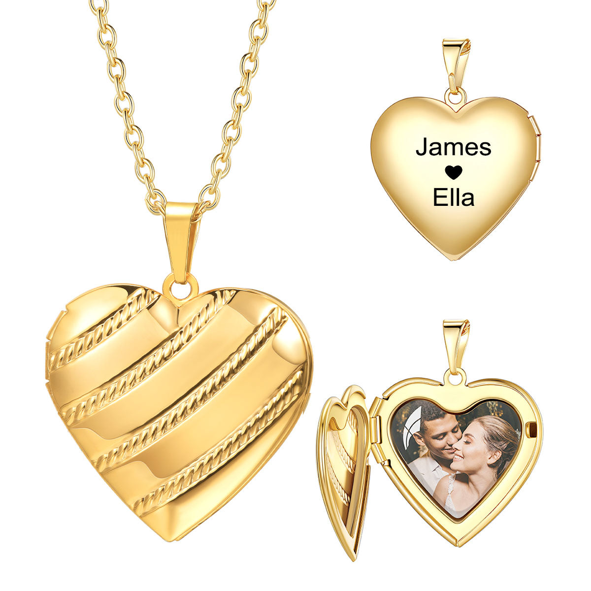 Personalized Stripe Hearts Locket Necklace with Picture Gold