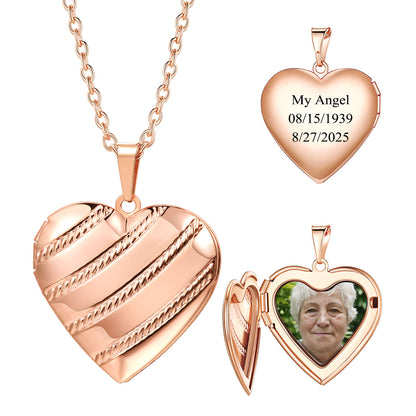 Personalized Stripe Hearts Locket Necklace with Picture Rose Gold