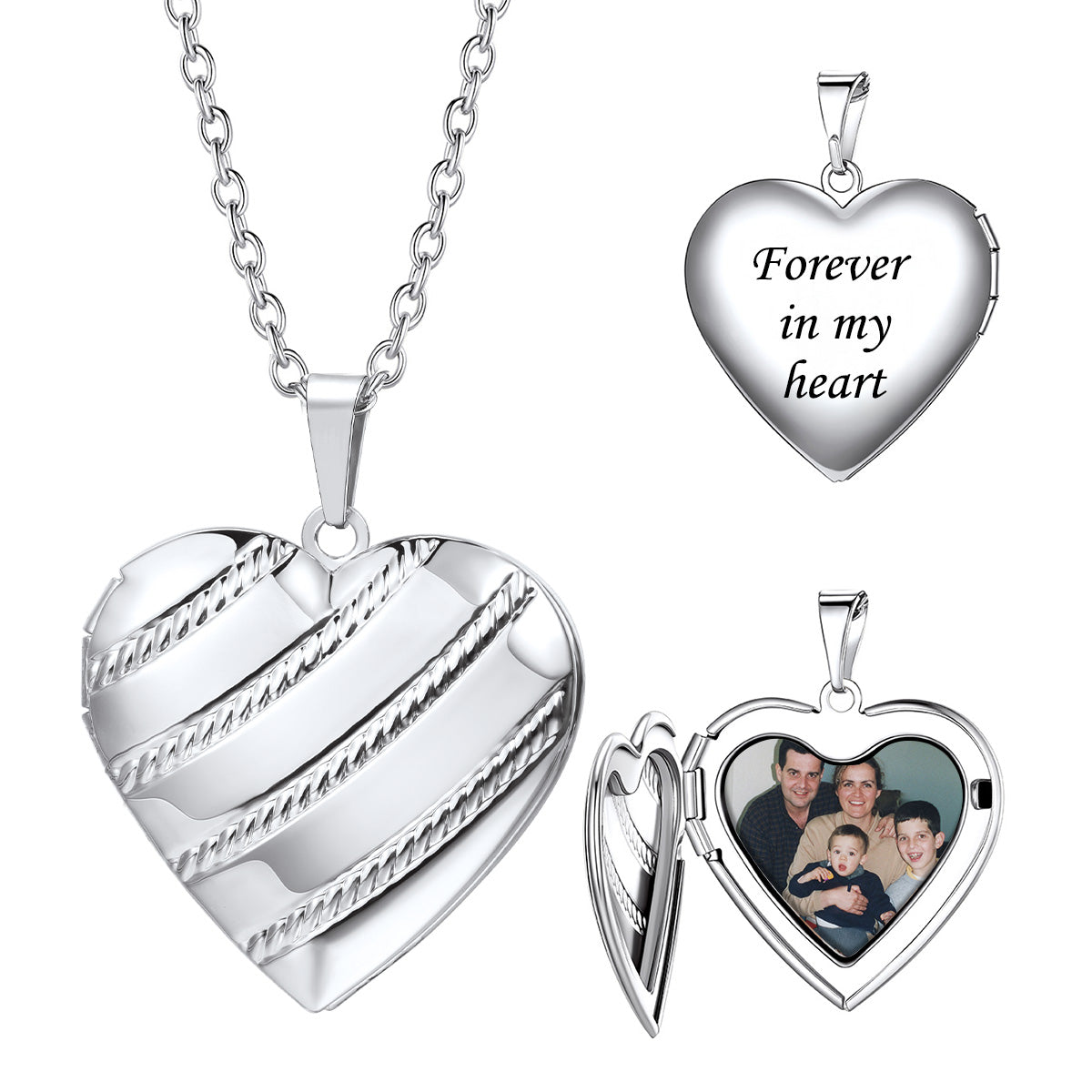 Personalized Stripe Hearts Locket Necklace with Picture Steel
