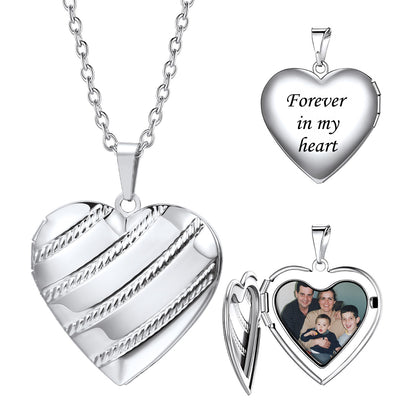 Personalized Stripe Hearts Locket Necklace with Picture Steel