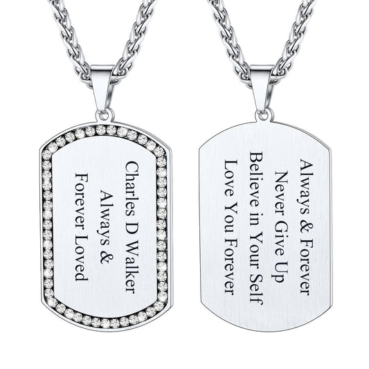 Personalized Text Engraved Cubic Zirconia Dog Tag Necklace