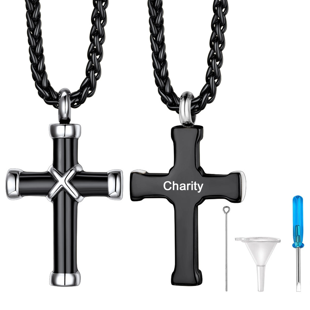Personalized Text X Cross Urn Necklaces for Ashes Black Plated