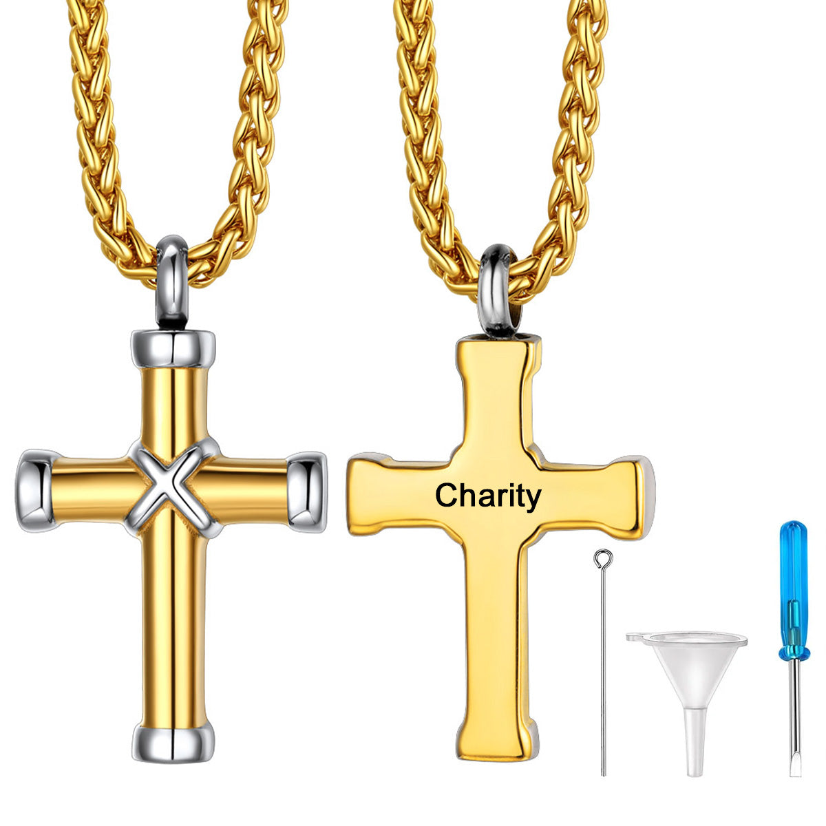 Personalized Text X Cross Urn Necklaces for Ashes Gold Plated