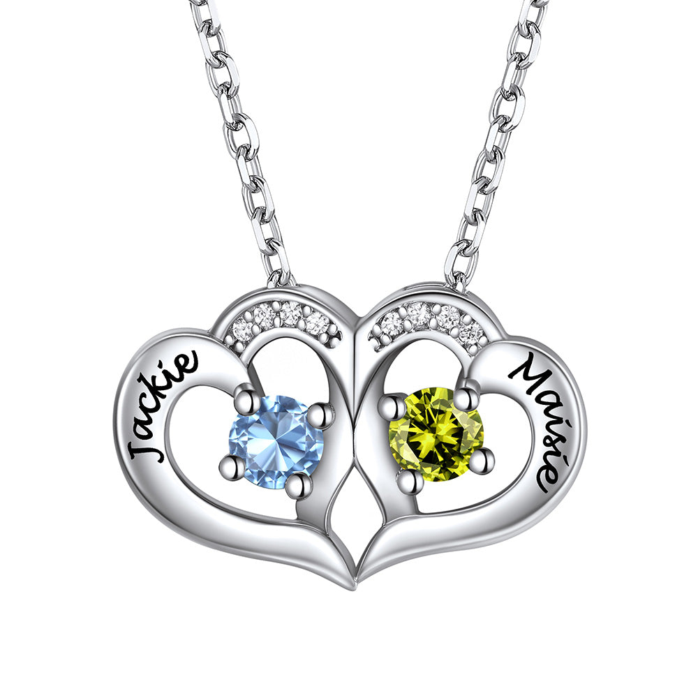 Personalized Two Heart  Leaf Clover Birthstone Necklace