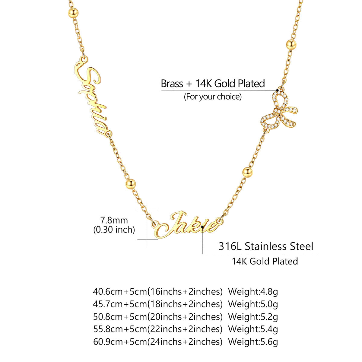  Personalized engraved nameplate necklace with bow deatail information, weight