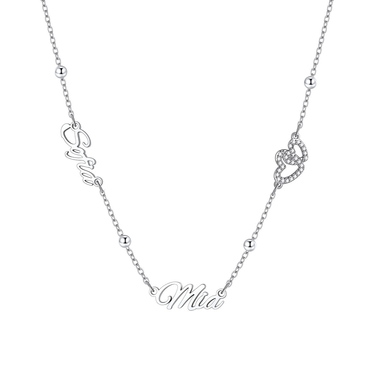 Personalized engraved nameplate necklace with heart detail on a white background