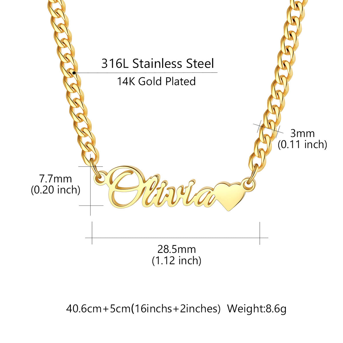 Personalized nameplate necklace with the name 'Emma' and a heart, shown with dimension measurements and material text on a white background.