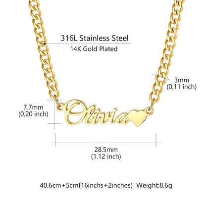 Personalized nameplate necklace with the name 'Emma' and a heart, shown with dimension measurements and material text on a white background.