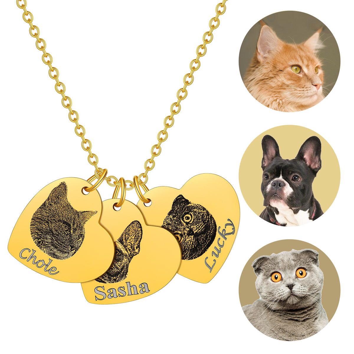Pet Picture Heart Necklace for Pet Lover 3 Heart Gold Plated
