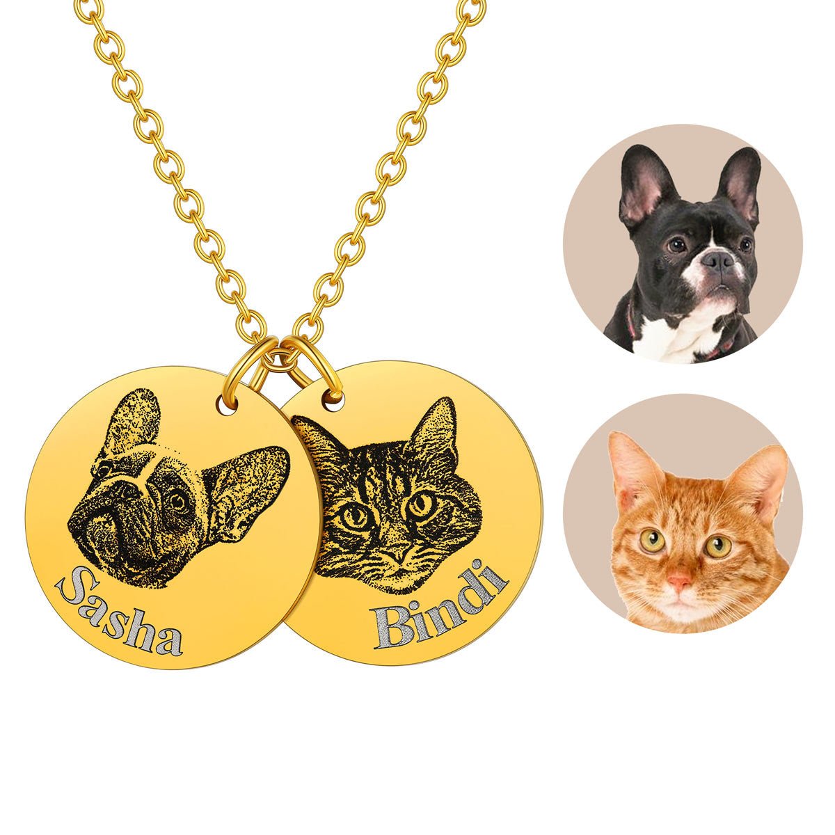 Pet Portrait Picture Necklace 2 Coin Gold Plated
