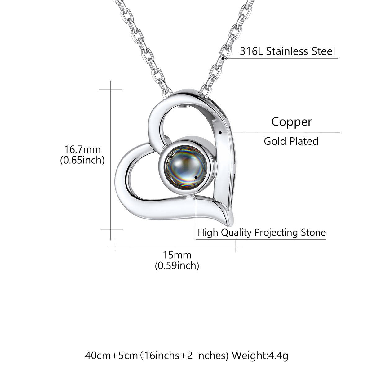 Photo Heart Projection Necklace Dimension, Durable