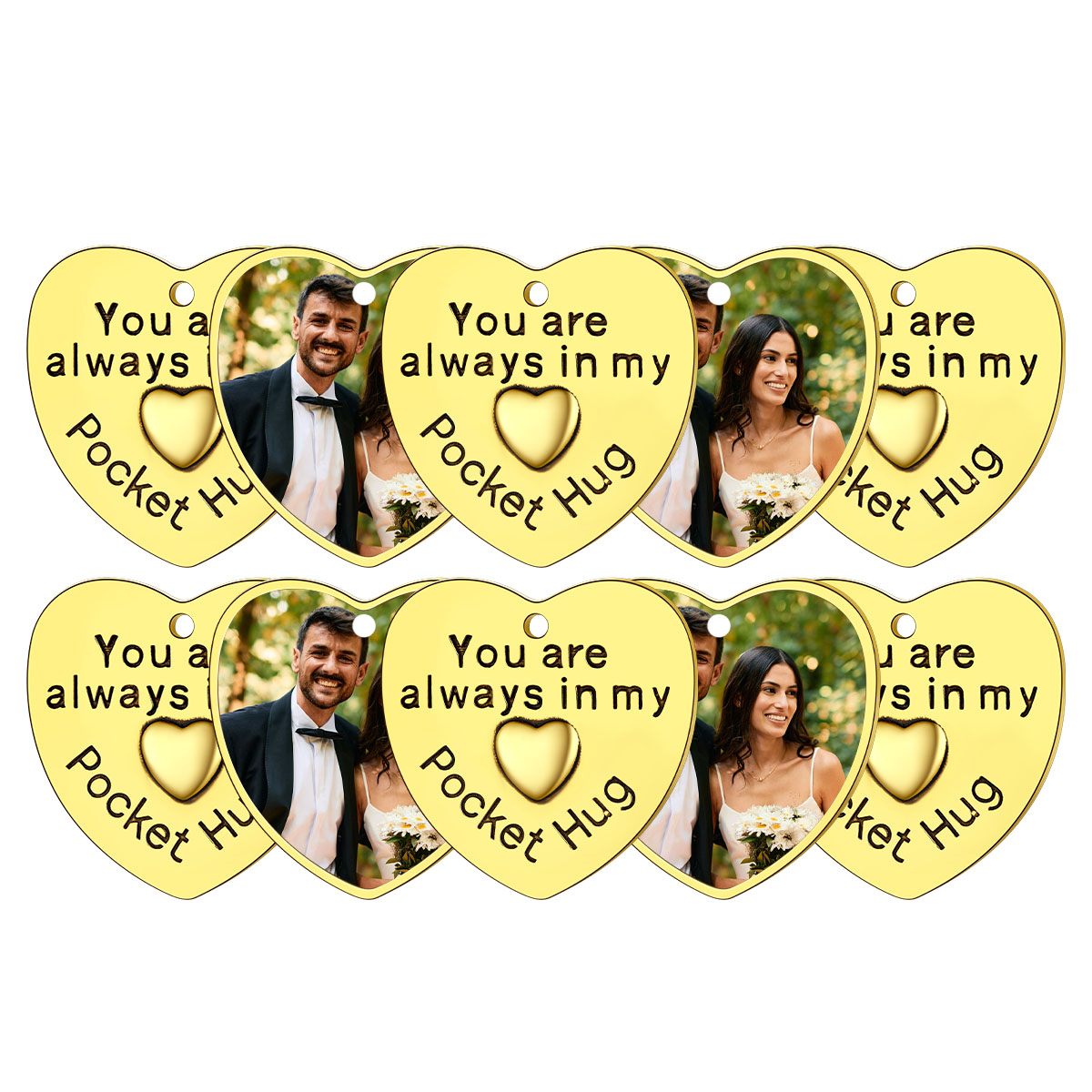 Photo Heart Wedding Coins Pocket Hug Keychain Holder 10 pcs Gold Plated