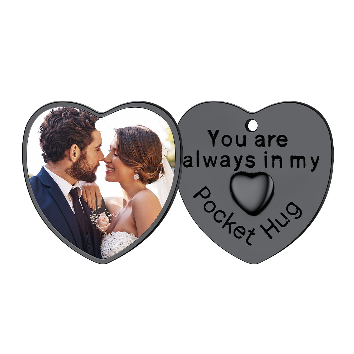 Photo Heart Wedding Coins Pocket Hug Keychain Holder 2 pcs Black Plated