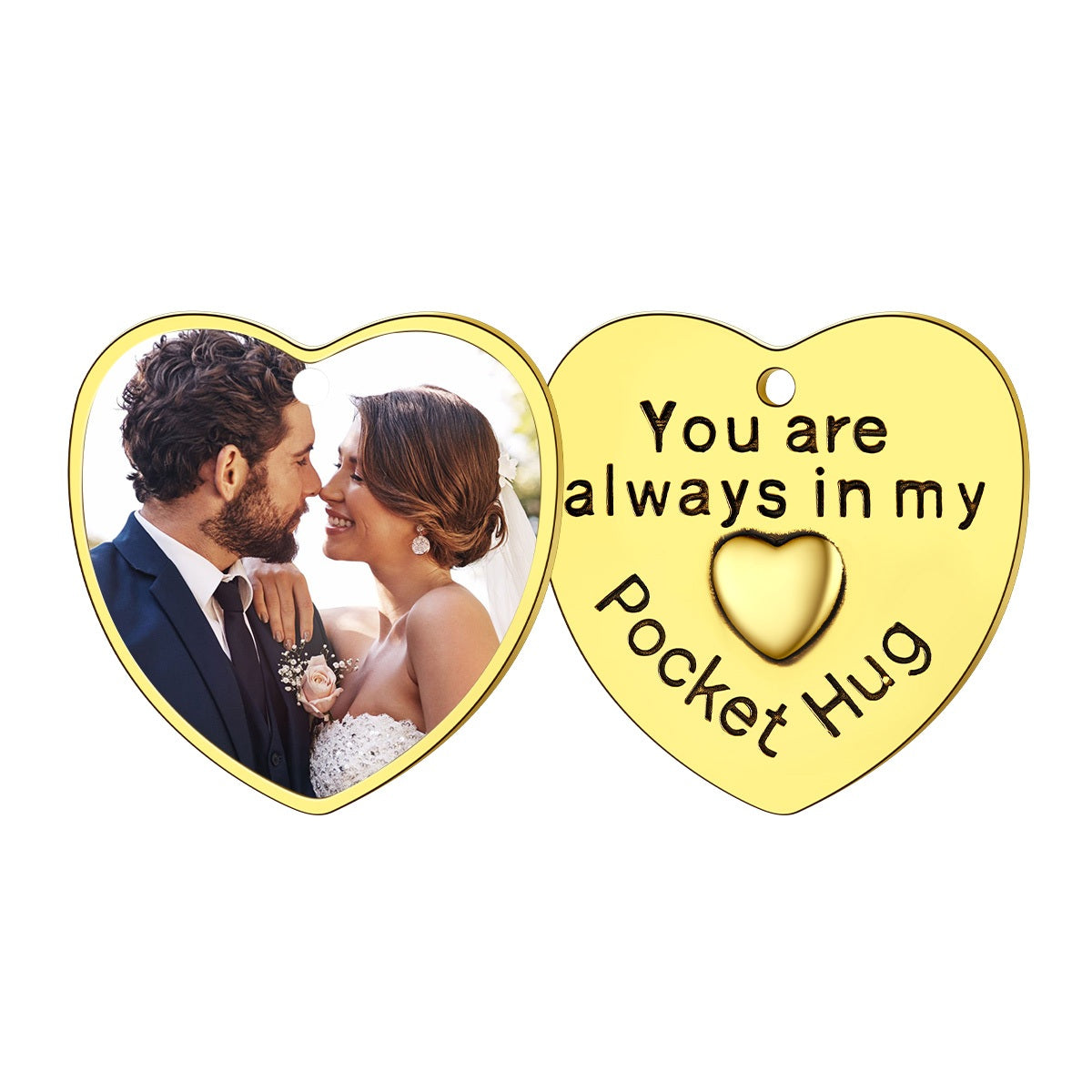Photo Heart Wedding Coins Pocket Hug Keychain Holder 2 pcs Gold Plated